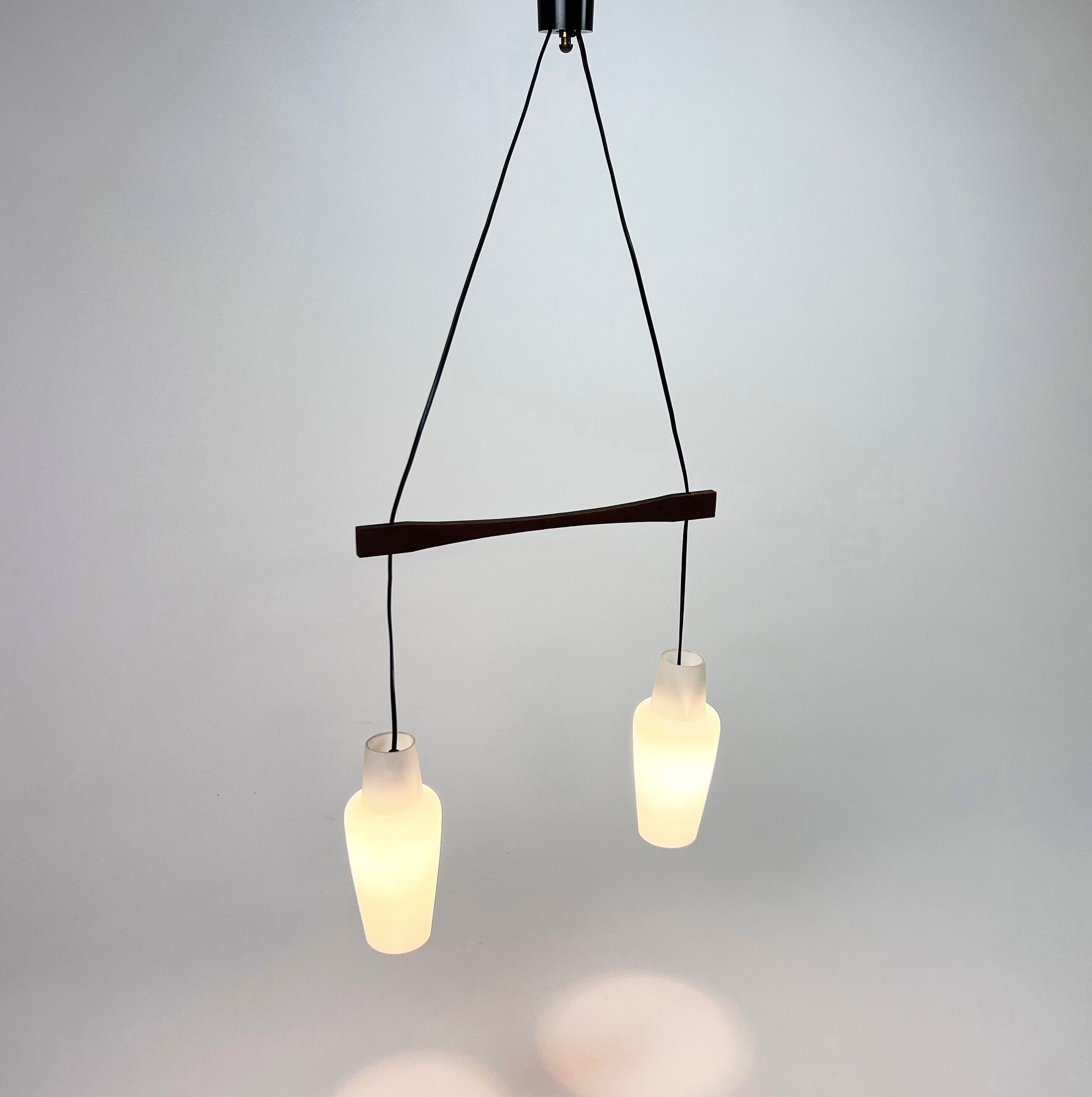 Danish Teak and White Glass Hanging Lamp, 1950s
