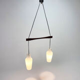 Danish Teak and White Glass Hanging Lamp, 1950s