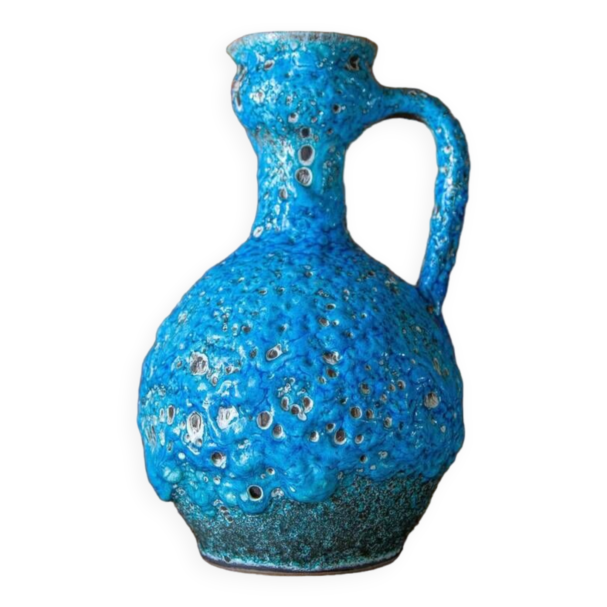 Fat Lava turquoise ceramic vase, ceramic pitcher, sea foam, blue crater vase, turquoise emaux