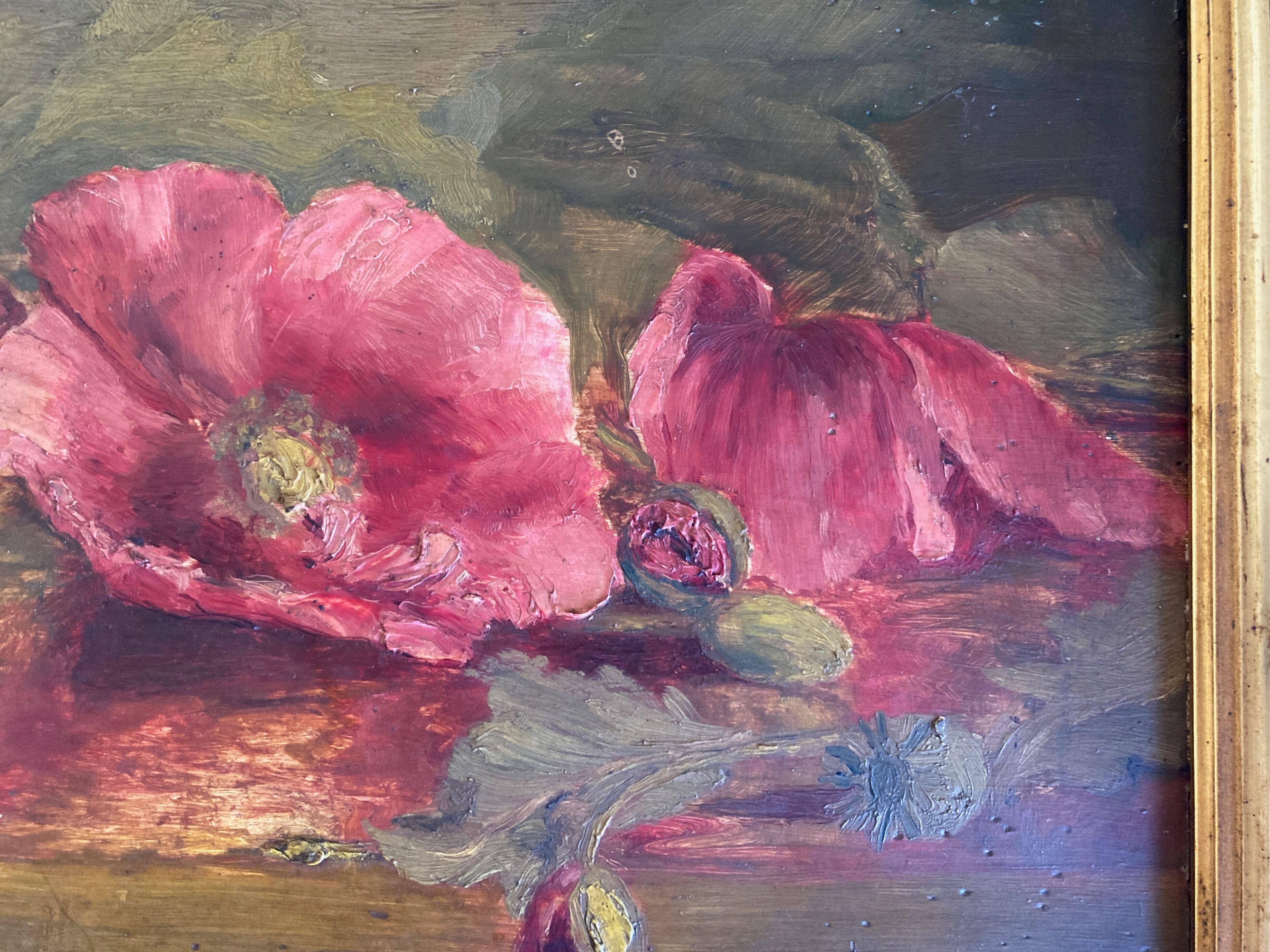 Les pavots huile sur bois portrait de fleurs 19e