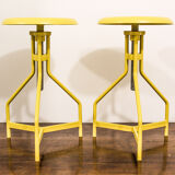Pair of yellow lacquered metal stools, Restaurati, Italy 70's