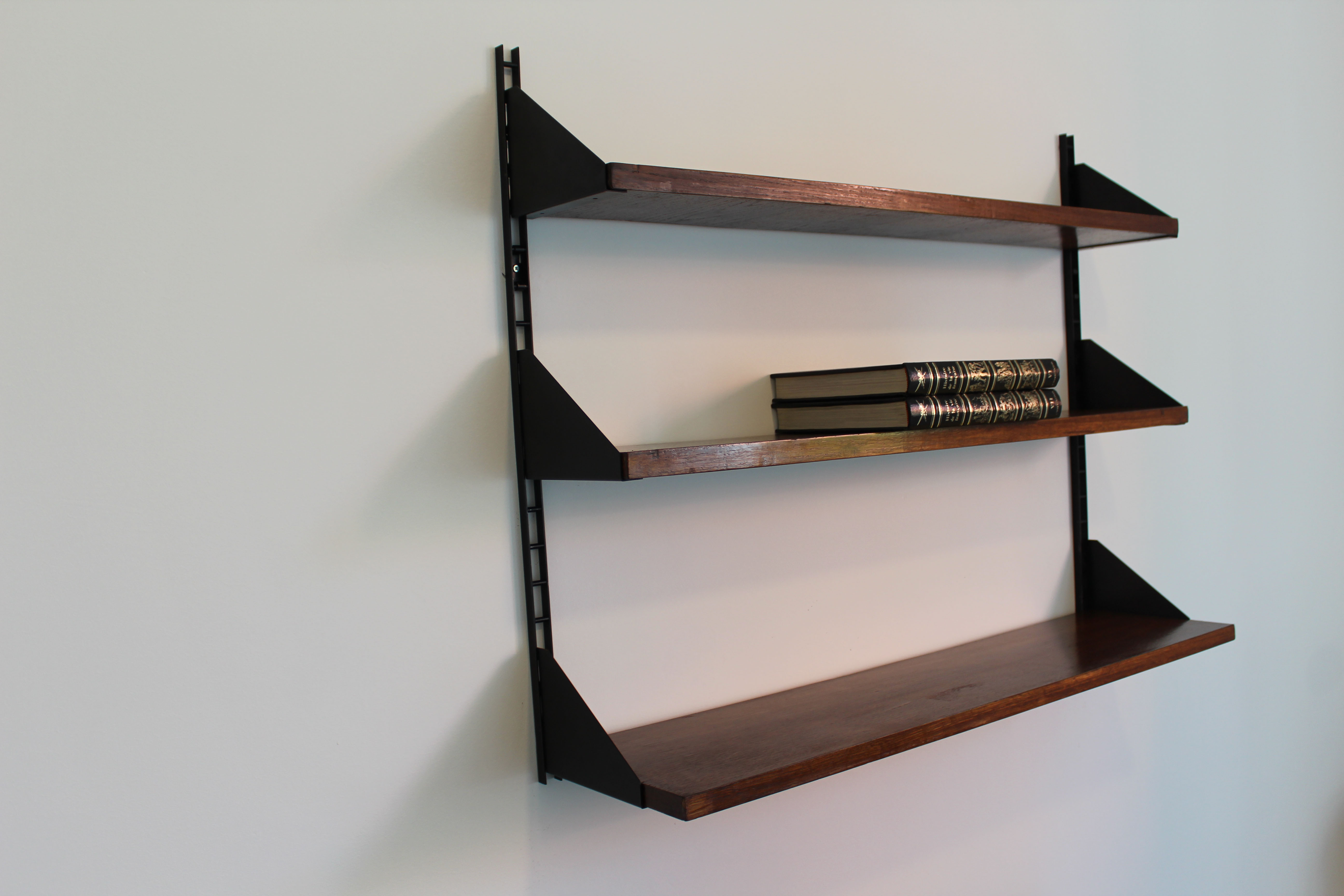 Shelves in rosewood and black lacquered metal from the 50s