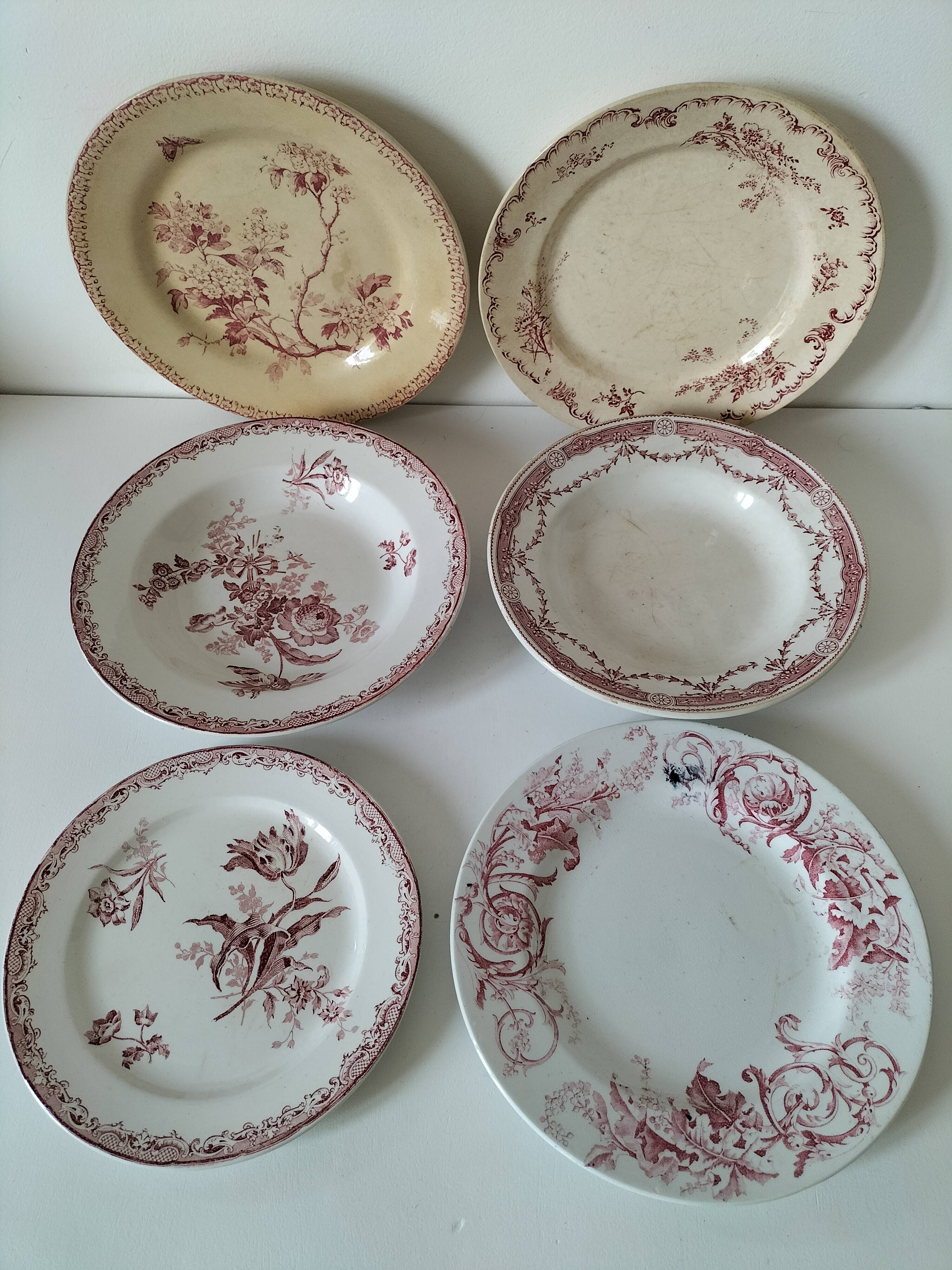 6 assiettes anciennes terre de fer rose dépareillées