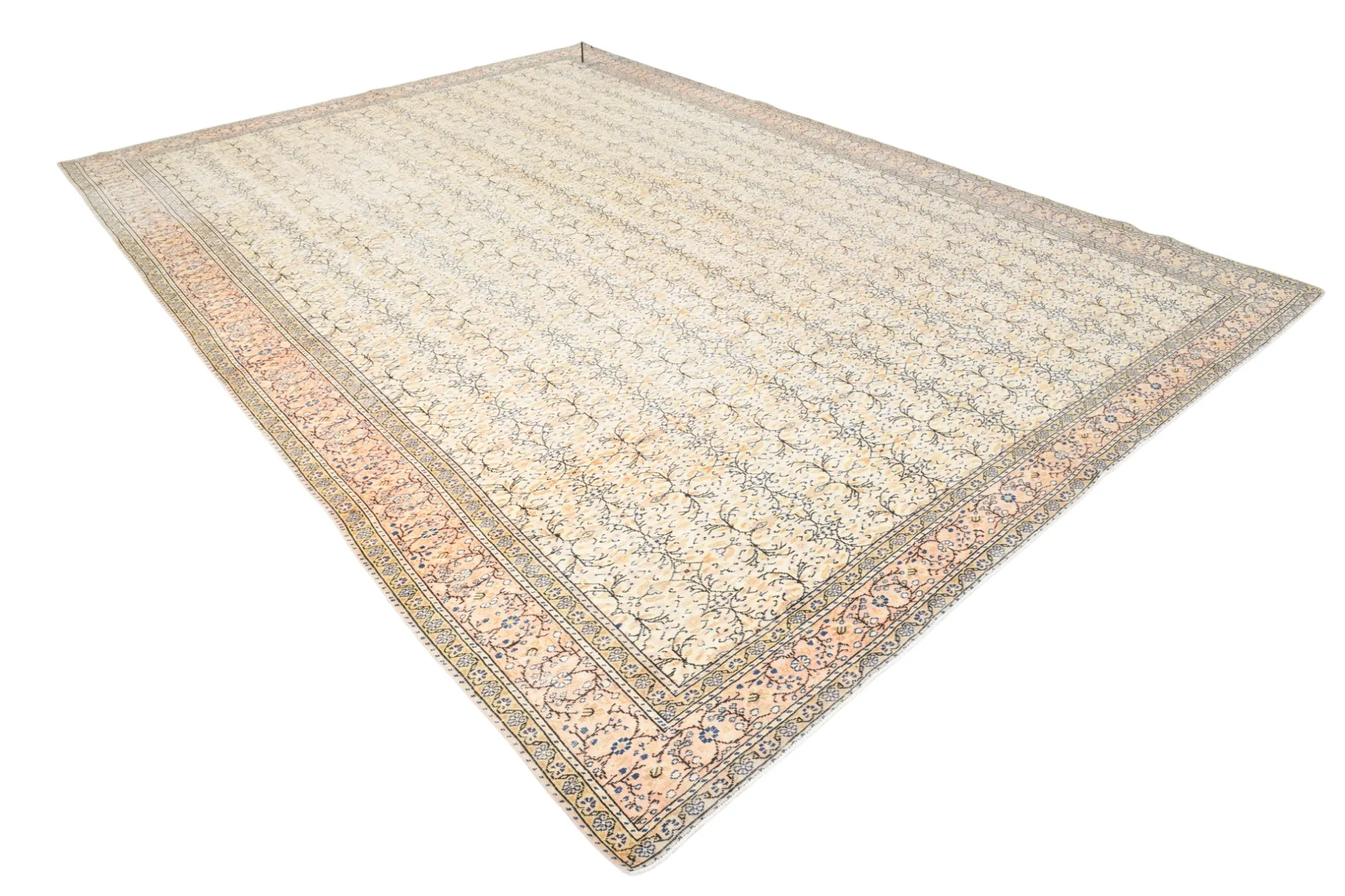 9x13 Vintage Cream Blue Persian Rug, Turkish Handmade Wool Floral Carpet