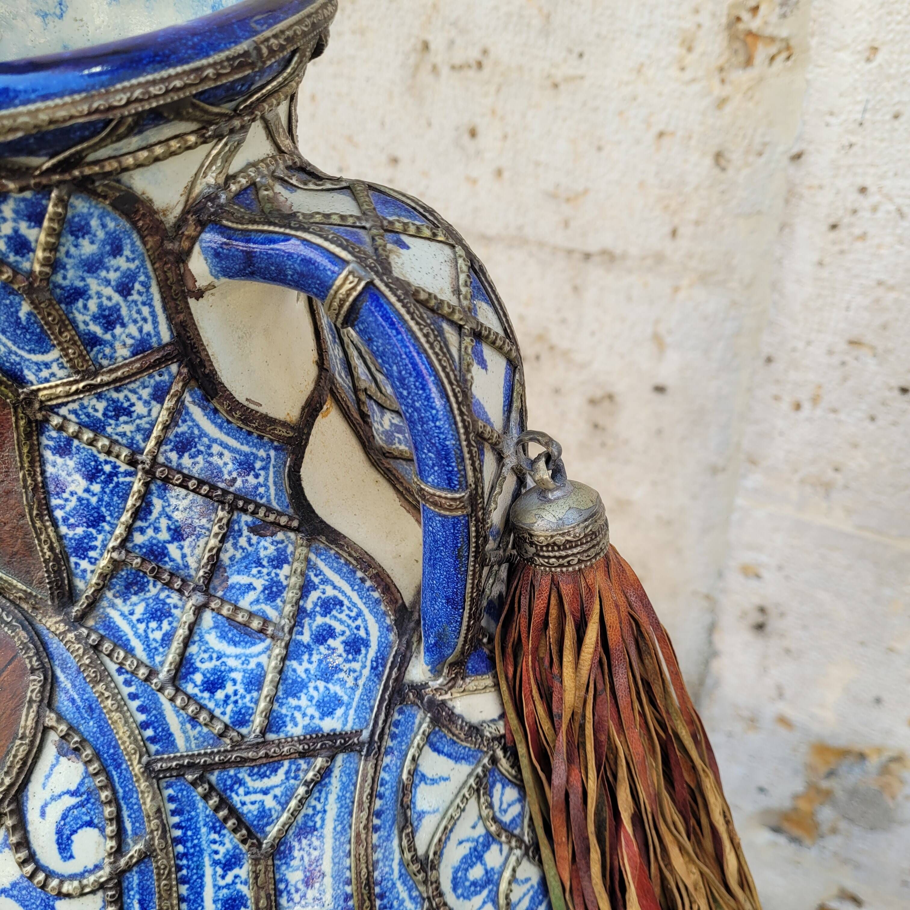 Filigree vase, ceramic, leather, enamel and metal, 19th century - Safi, Morocco