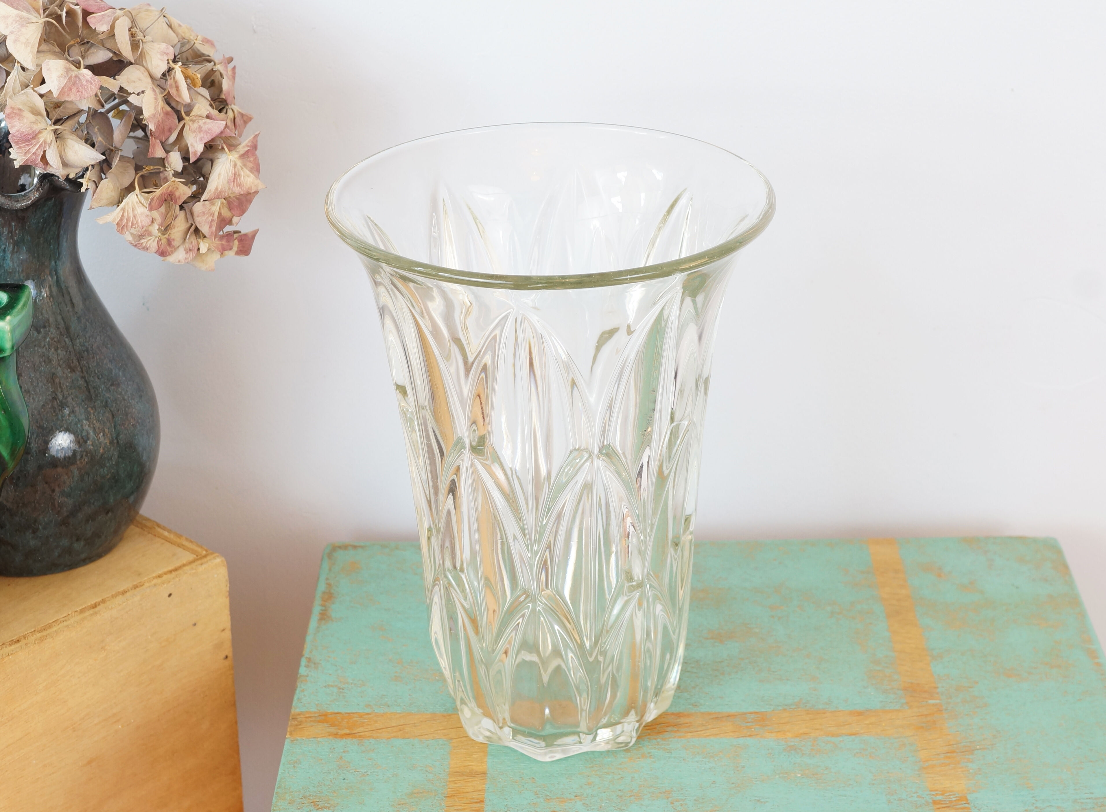Large art deco style molded glass vase, foliage pattern