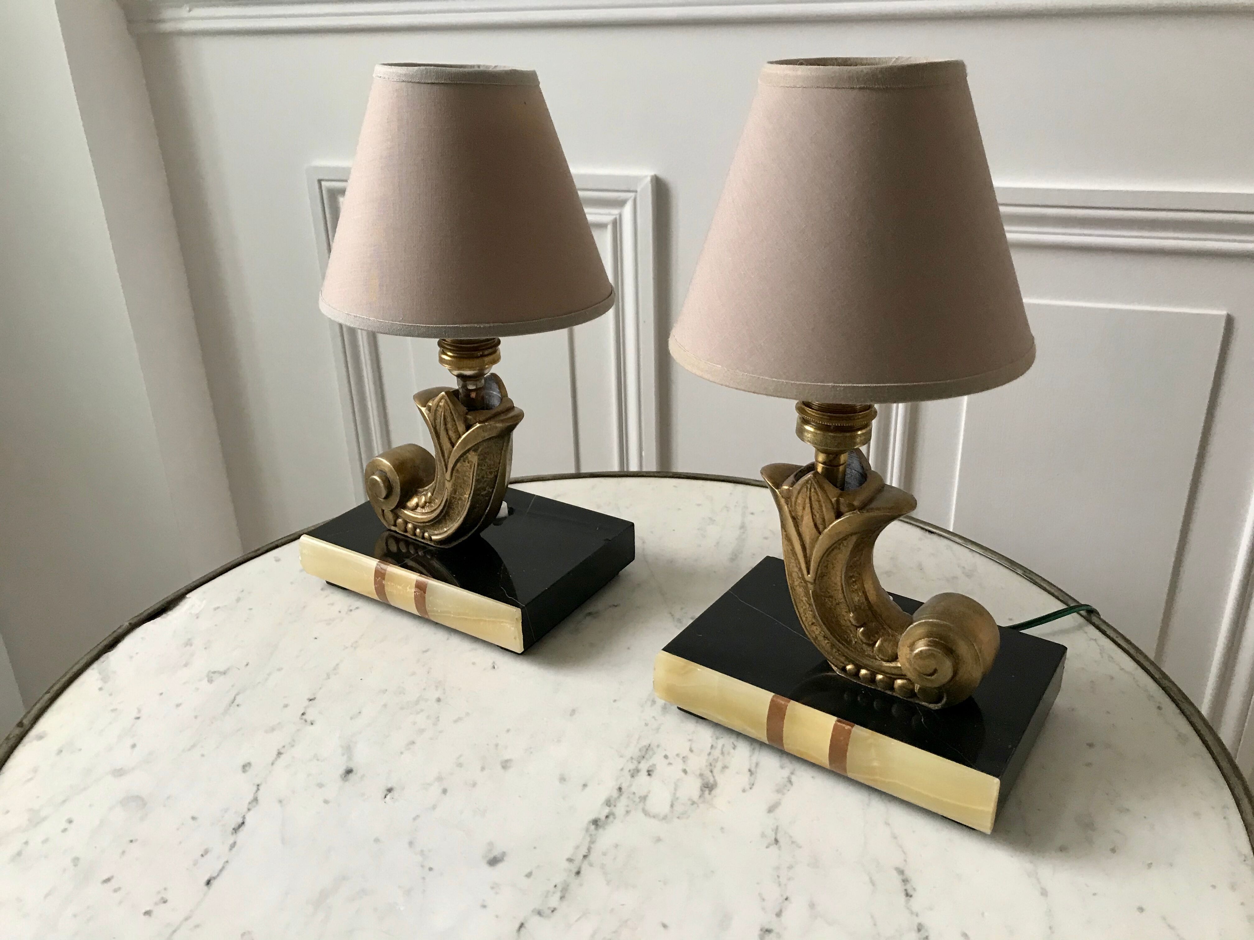 Pair of bronze and marble lamp art deco 30s