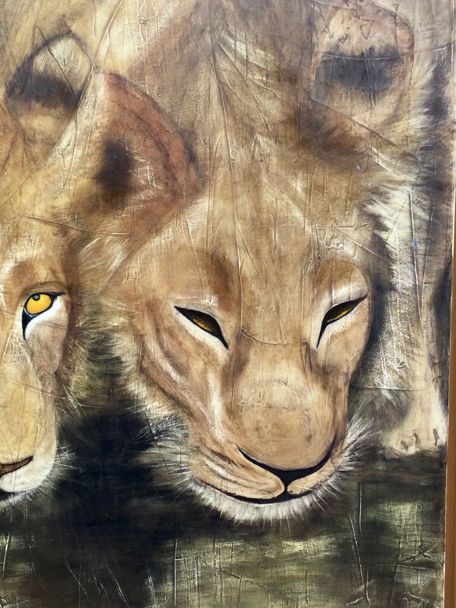 Oil on canvas "Lionesses au Marigot" by Dominique PROTTI-BARAIZE