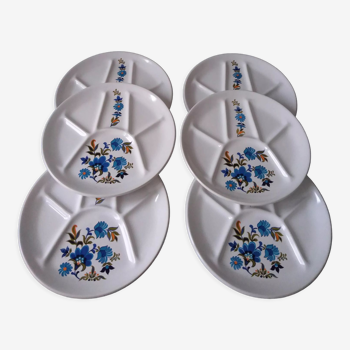 Set of 6 white fondue plates and blue and yellow and green floral decoration from the 60s Saint Amand