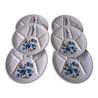 Set of 6 white fondue plates and blue and yellow and green floral decoration from the 60s Saint Amand