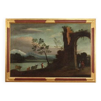 Peinture italienne de paysage avec personnages et ruines du XVIIIe siècle