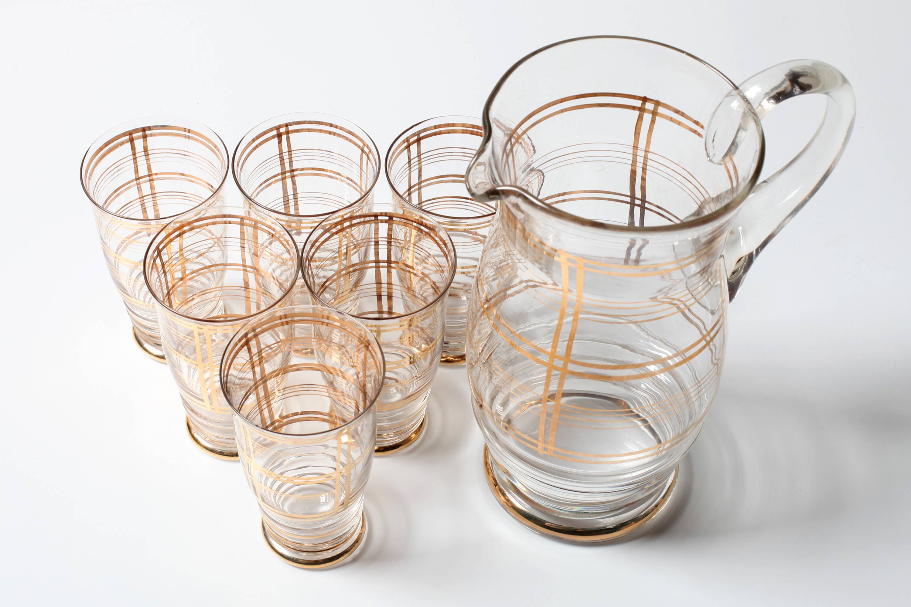 Mid-Century Italian Glass Pitcher & Six Glasses with Golden Details / Italy