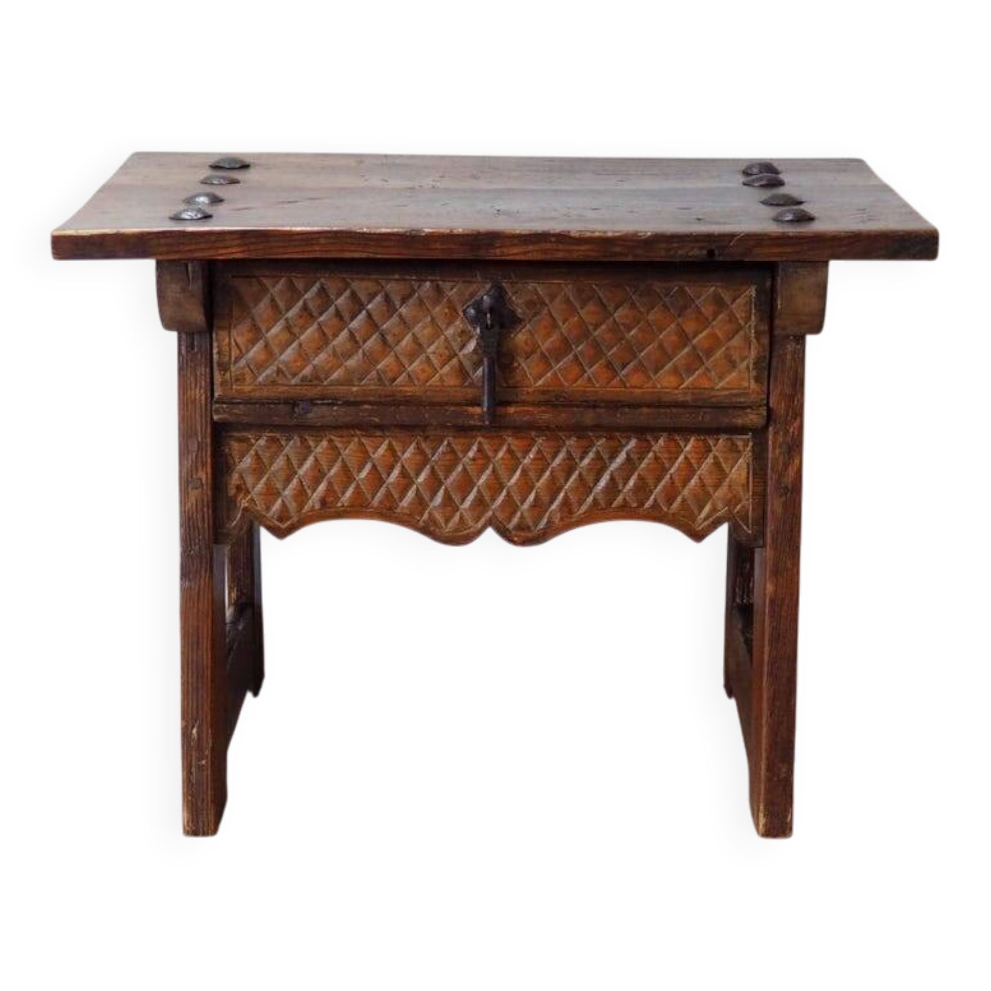 Mid-Century Coffee Table Carved Drawer, Rustic Nailhead Details