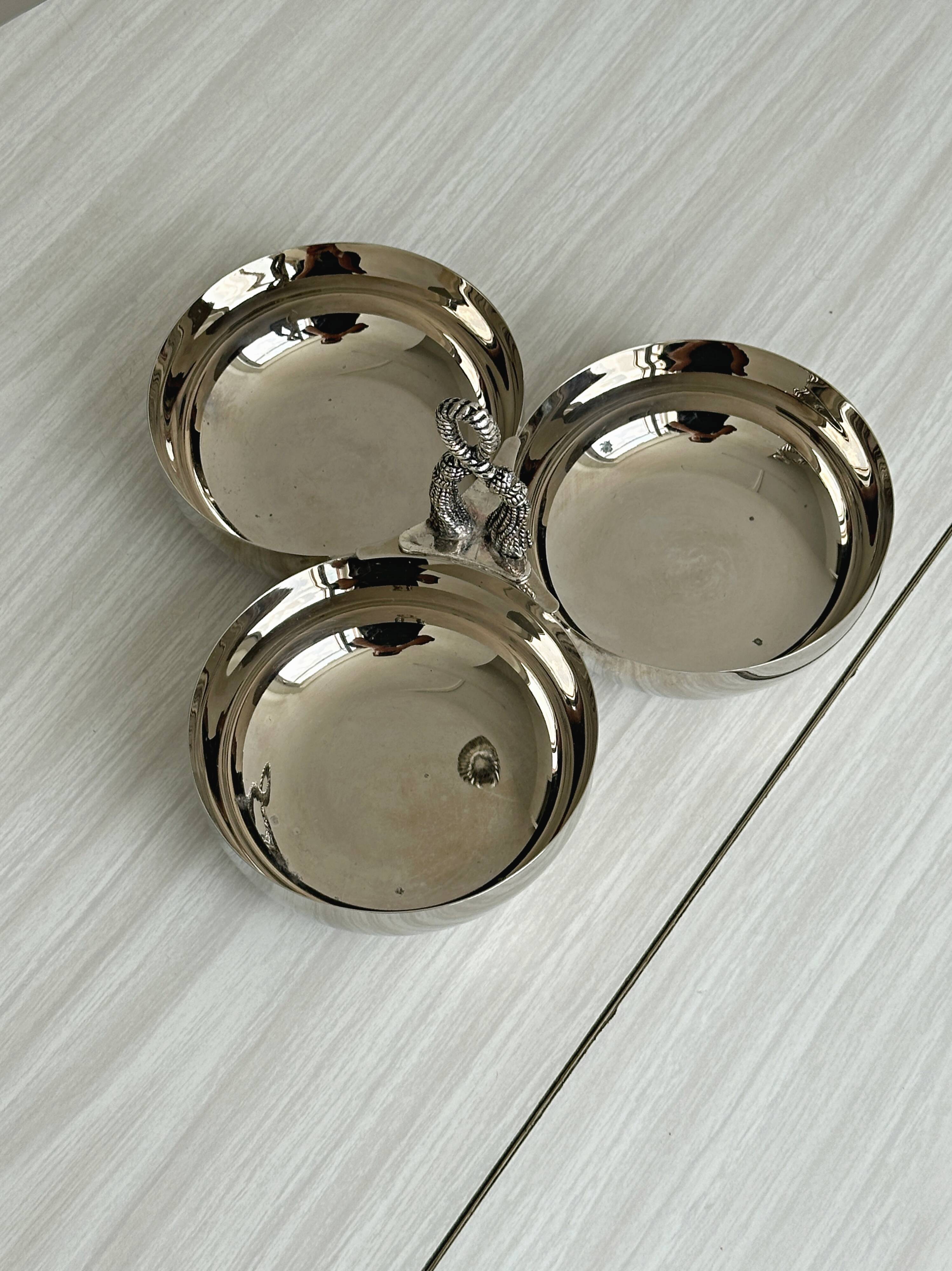 Silver stainless steel three-part serving platter