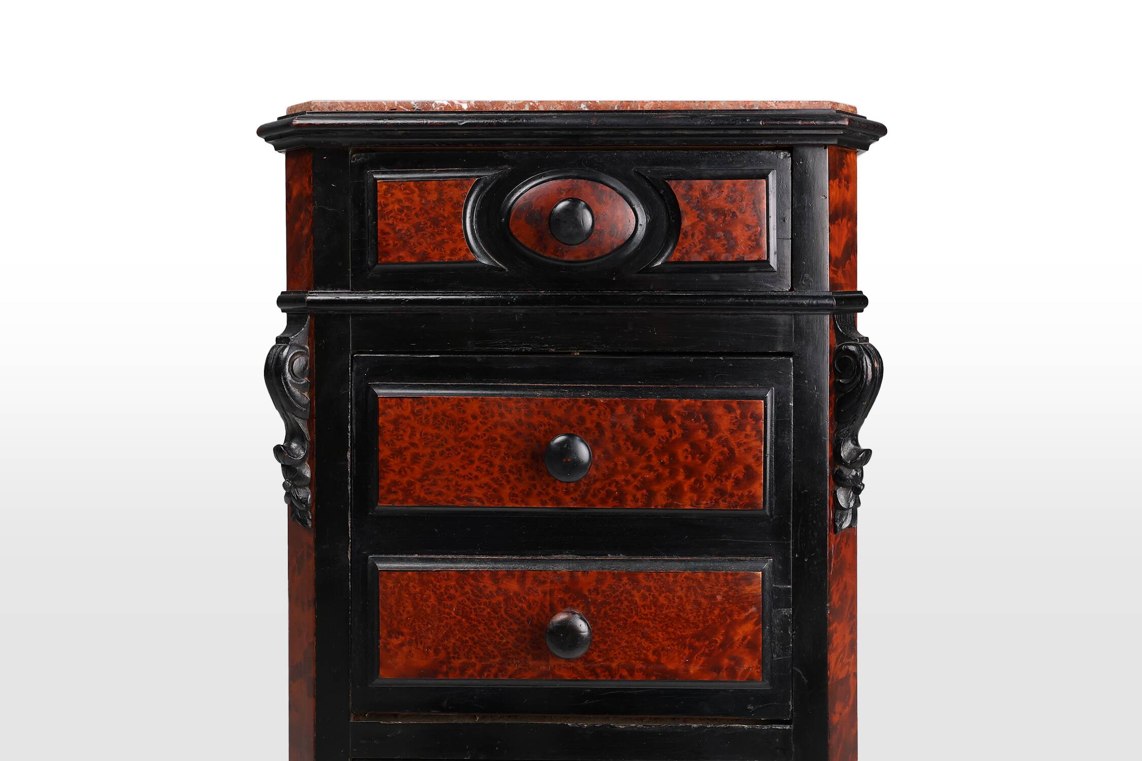 Rare Antique French chest of drawers in wood, burl veneer and marble, ca. 1