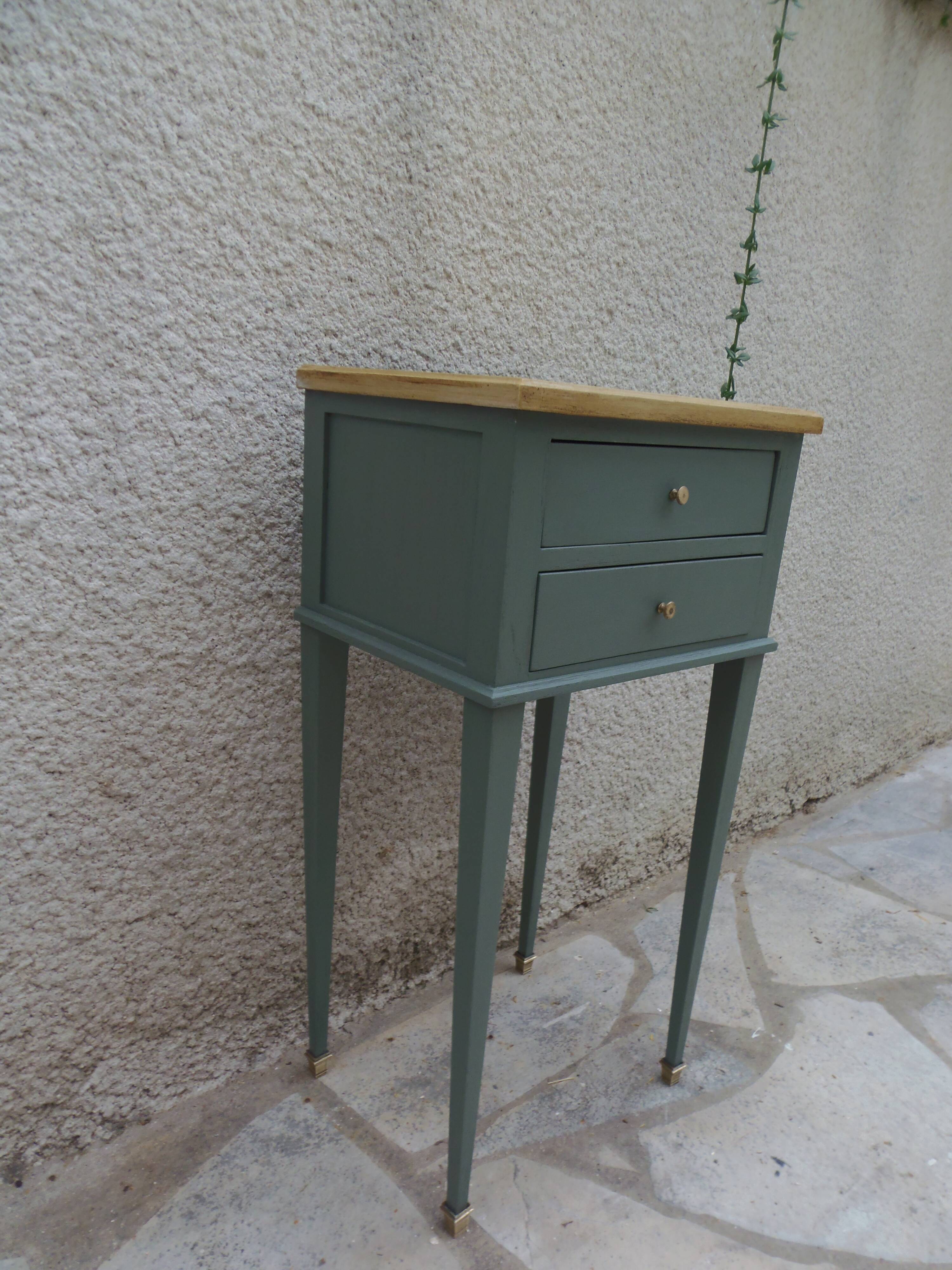 Bedside table, coffee table enhanced in smoky green, wooden top.