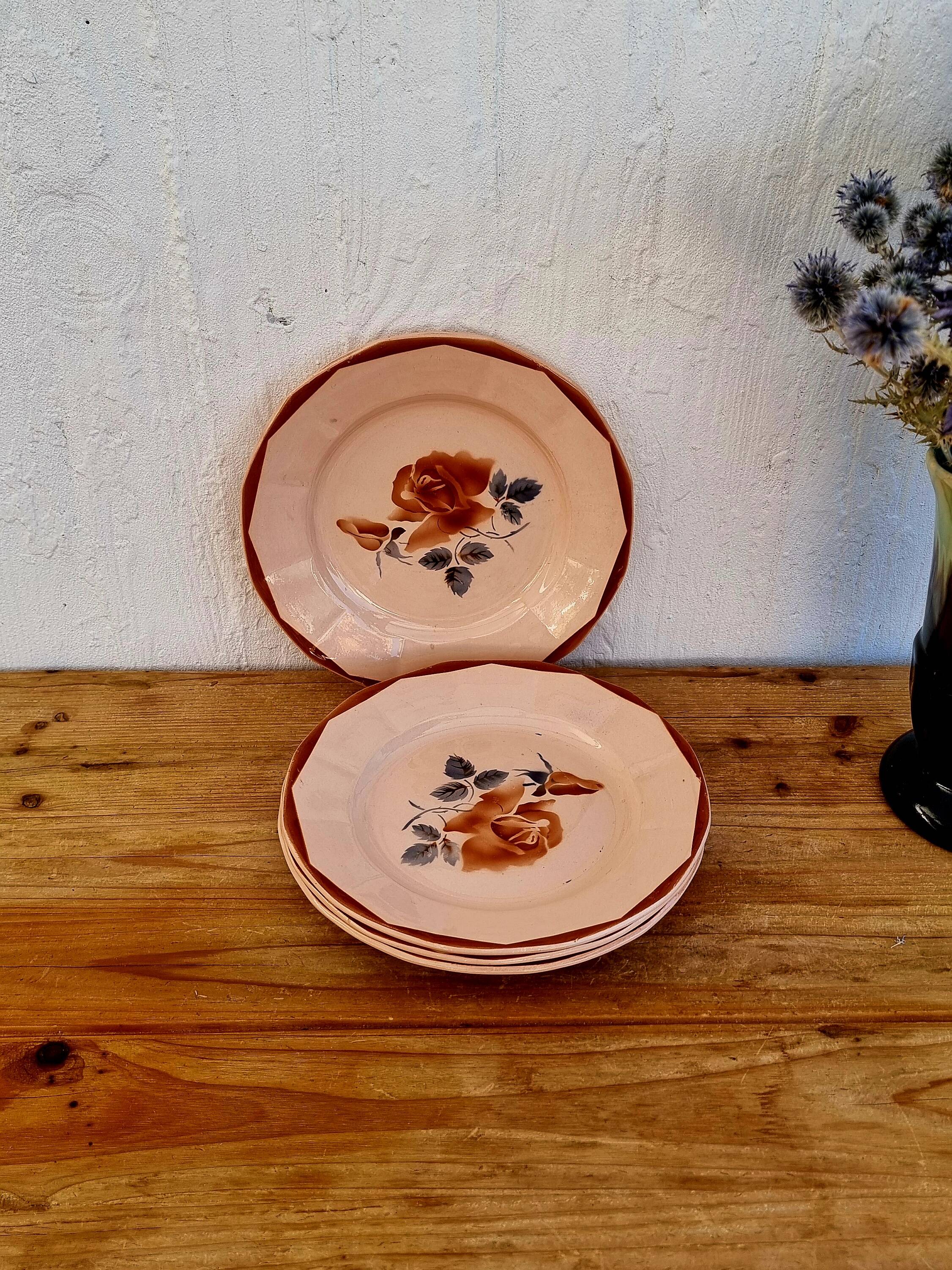 Set of 4 pink plates Digoin Sarreguemines