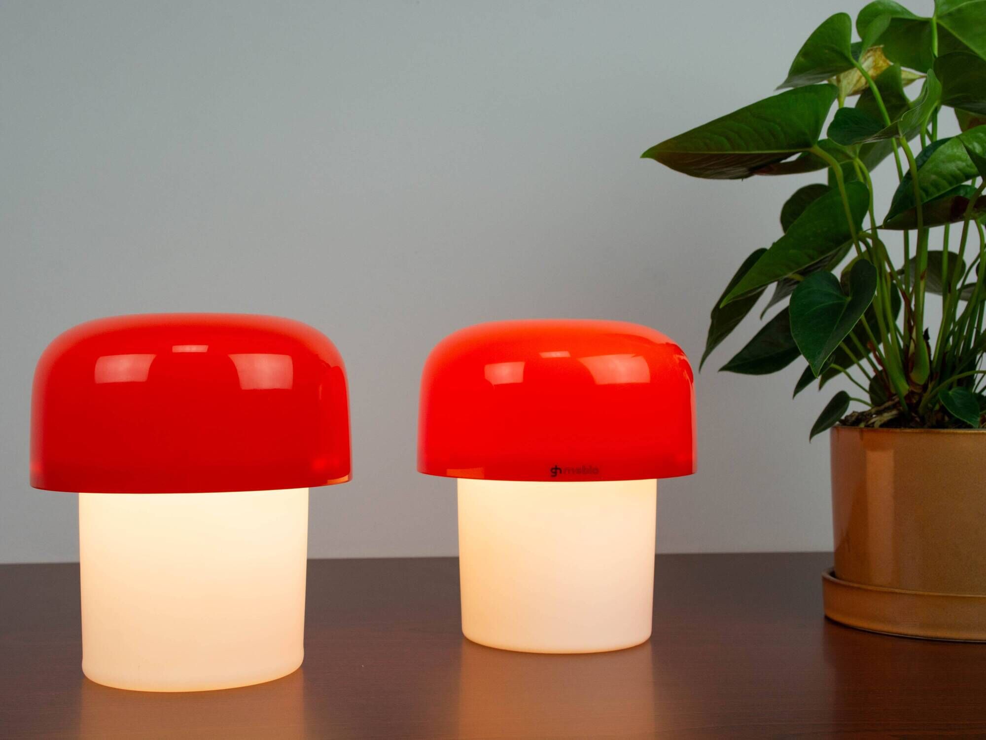Set of 2 Space Age Orange Meblo Mushroom Table Lamps, Guzzini, 1970s