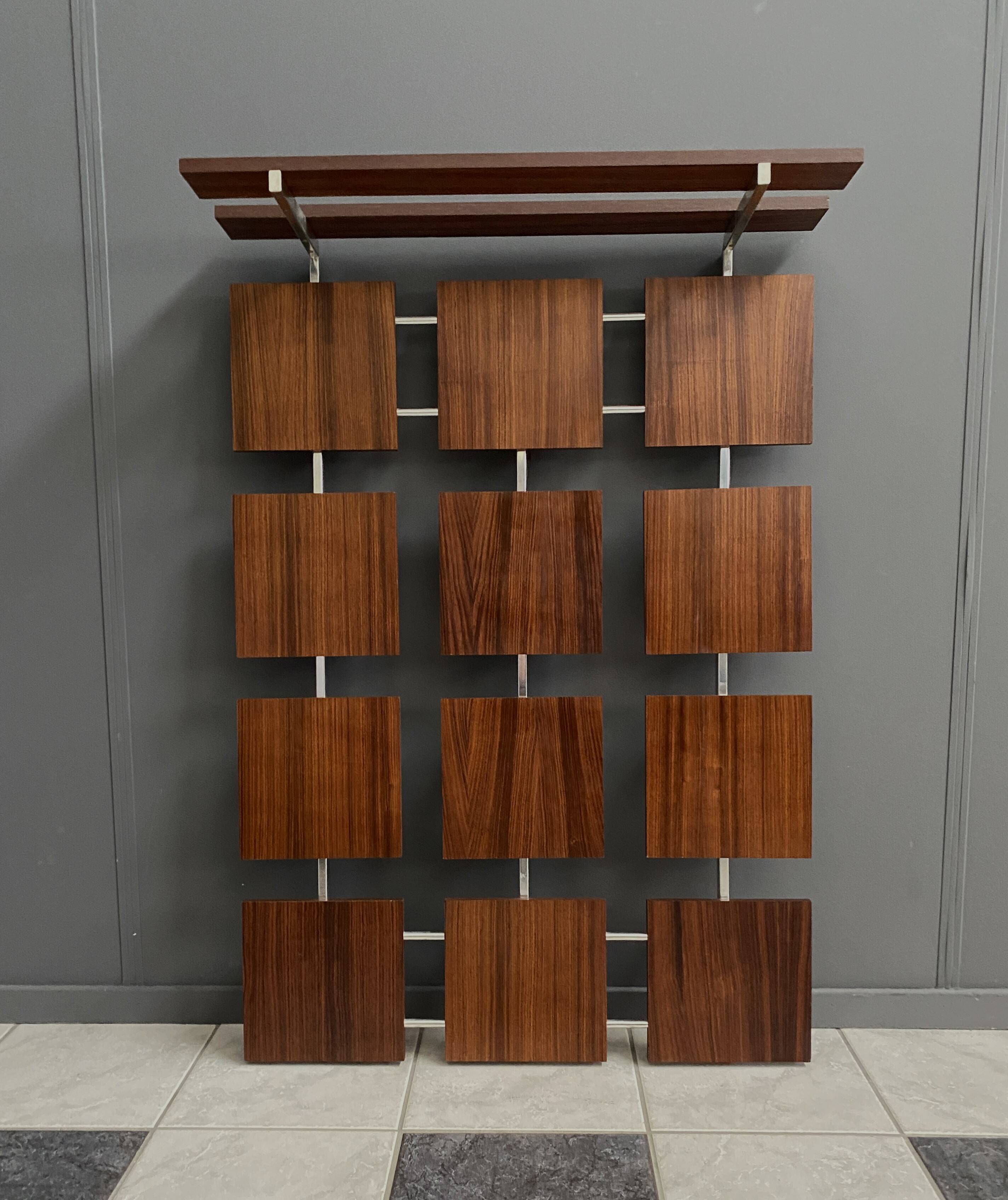 Coat rack wall unit in palisander wood veneer and chrome 1960s