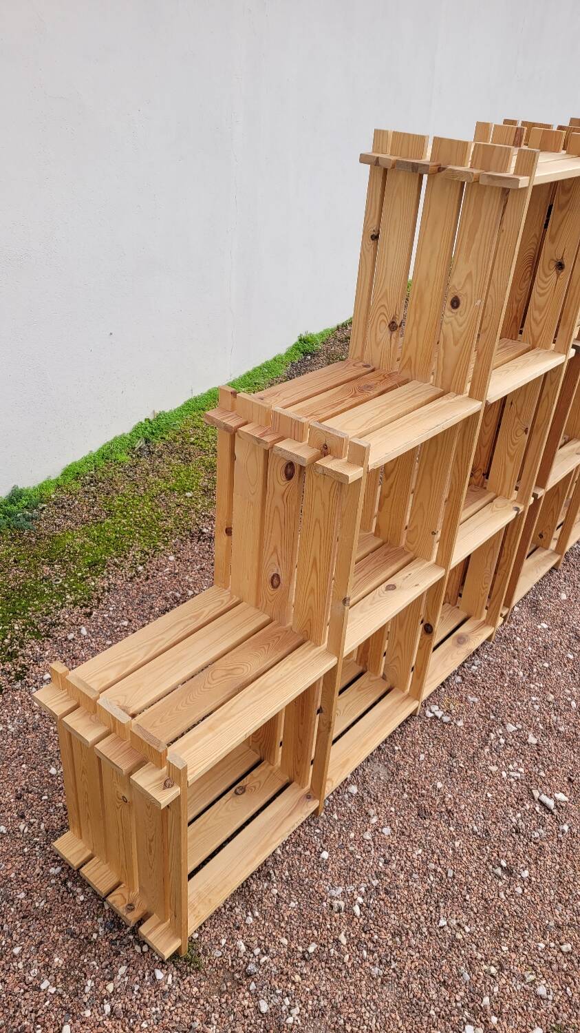 Pair of vintage pine "staircase" bookcase shelves - 1970s