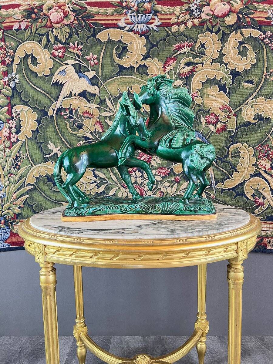 Glazed Ceramic Sculpture, Two Horses, Signed R. Prunet, 20th Century