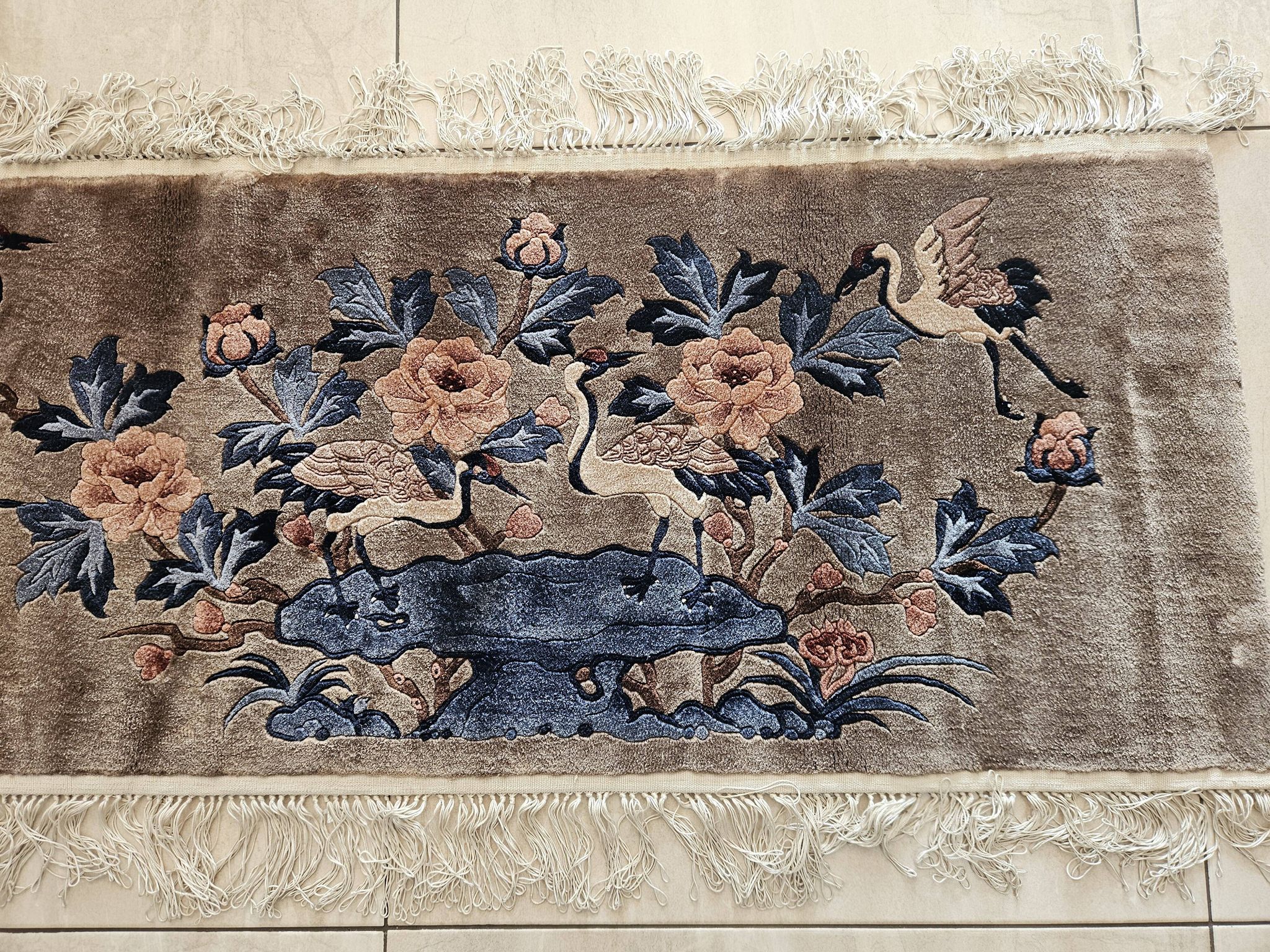 Luxurious Rug 100% SILK/China/Hand-Tied/Crane Motif/1950s