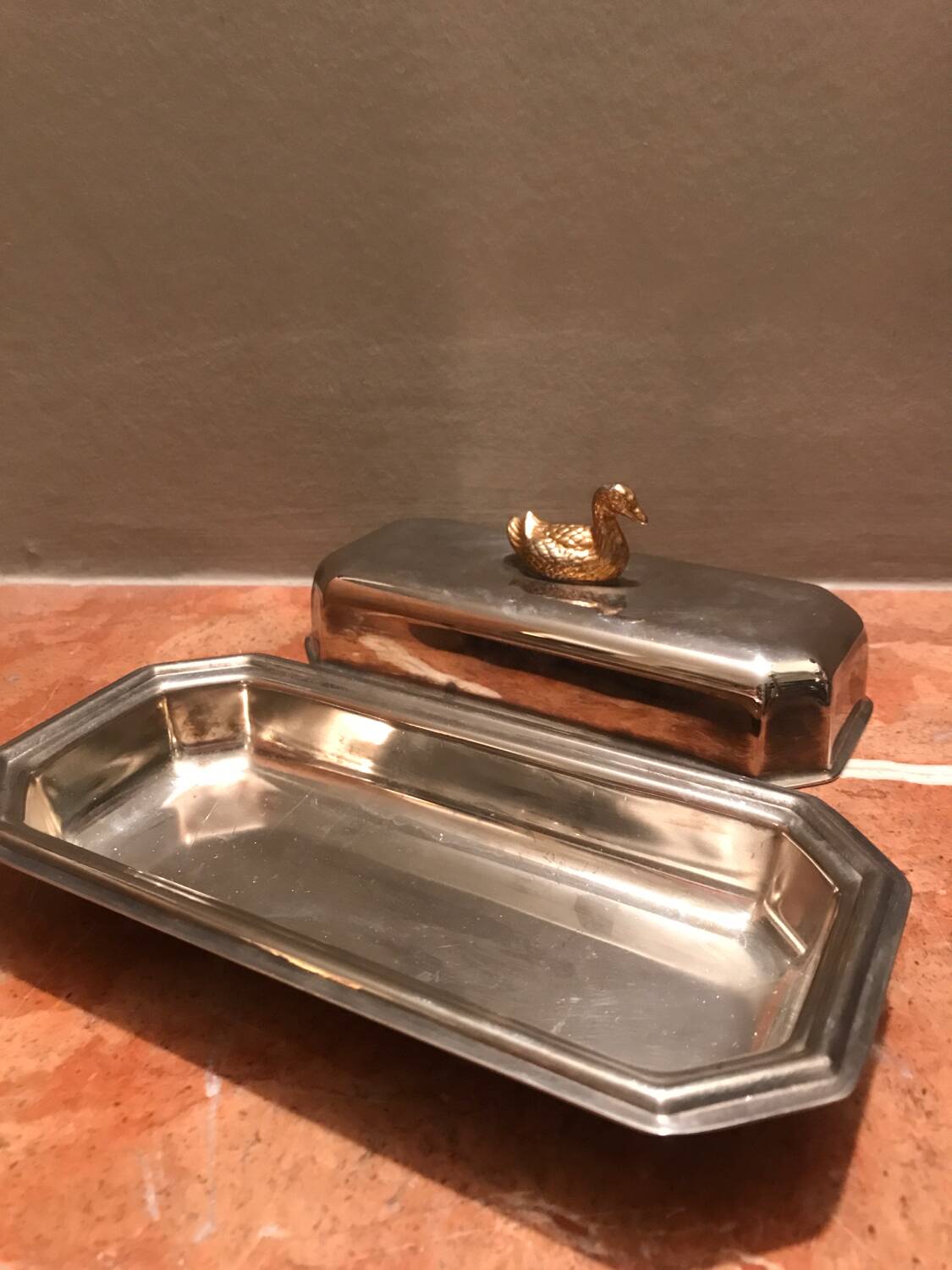 Old silver metal butter dish, duck