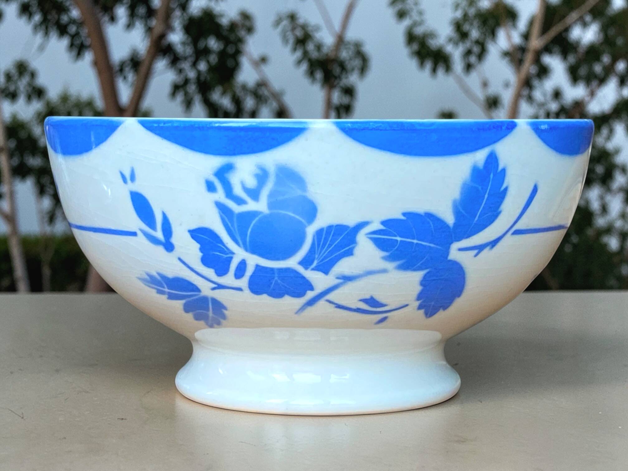 Large antique earthenware bowl from Gien, Mona decoration.