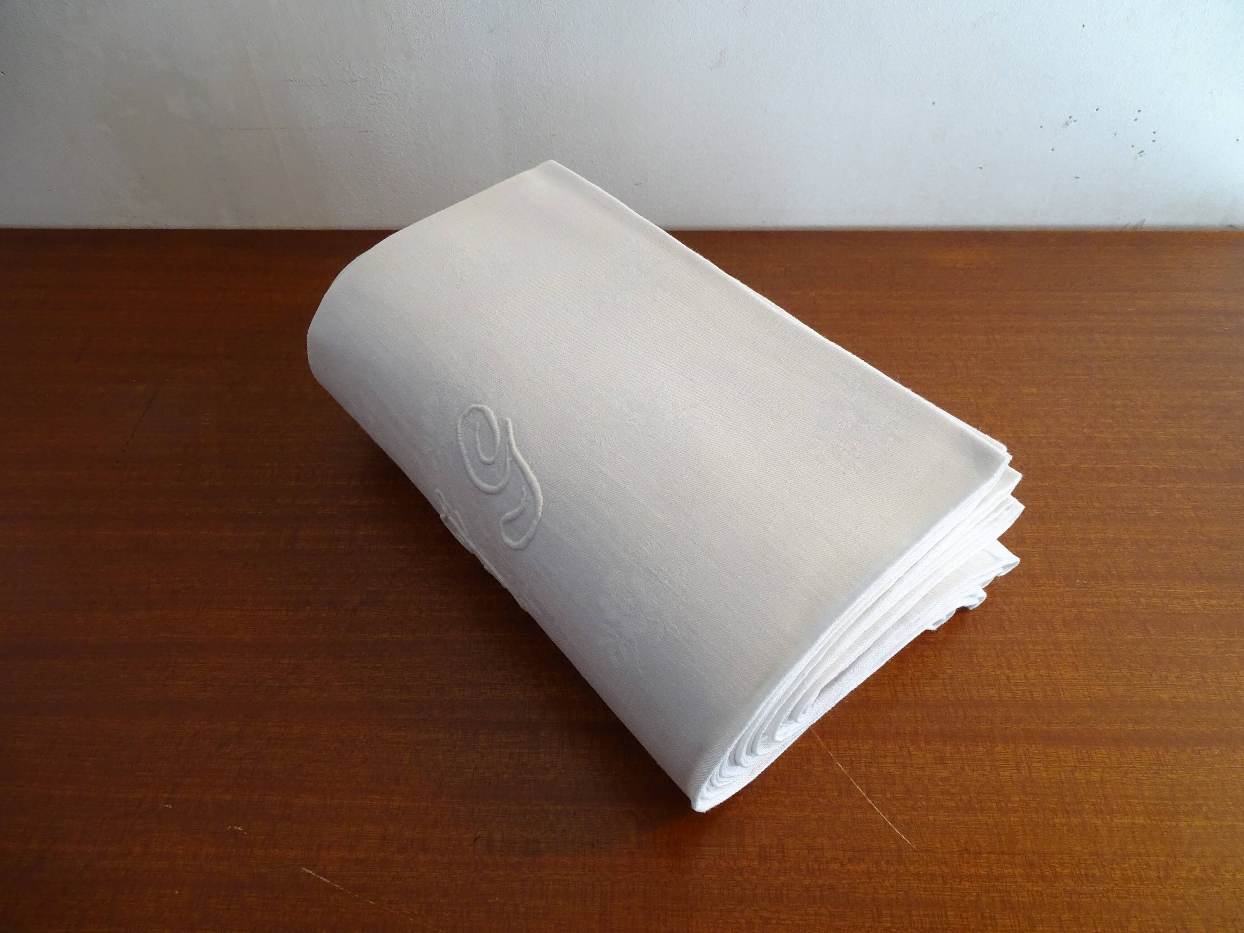Lot de 10 serviettes de table brodées coton damassé monogramme J.G