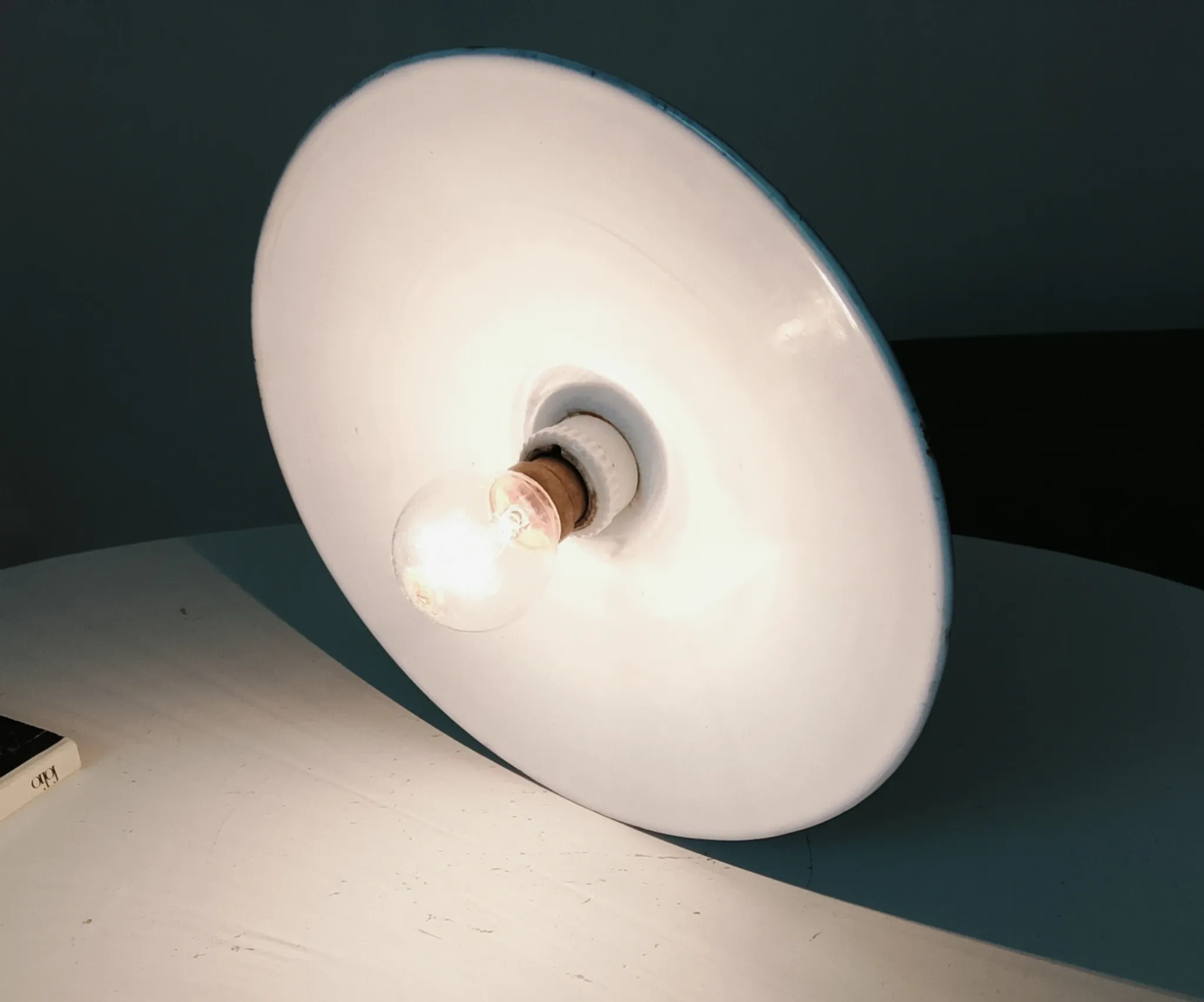 Antique wall light with a swan neck in enamelled metal, porcelain, and brass.