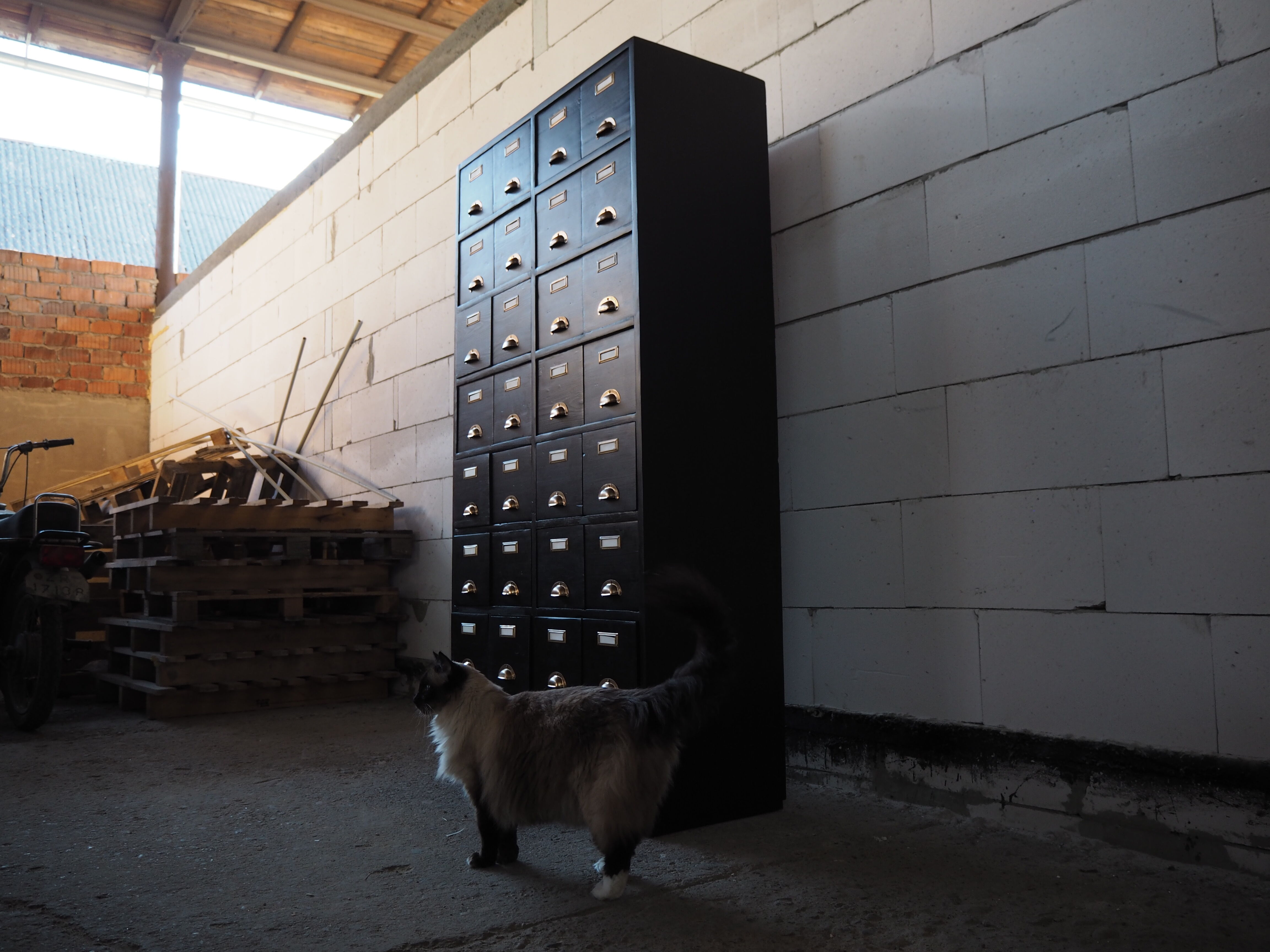 Vintage industrial wooden chest of drawers, apothecary, filling cabinet, 1930s