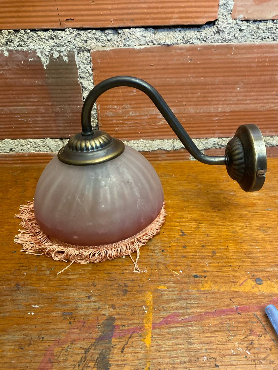 Antique Swan Neck Wall Lamp Gold Metal + Vintage Pink Glass Dome