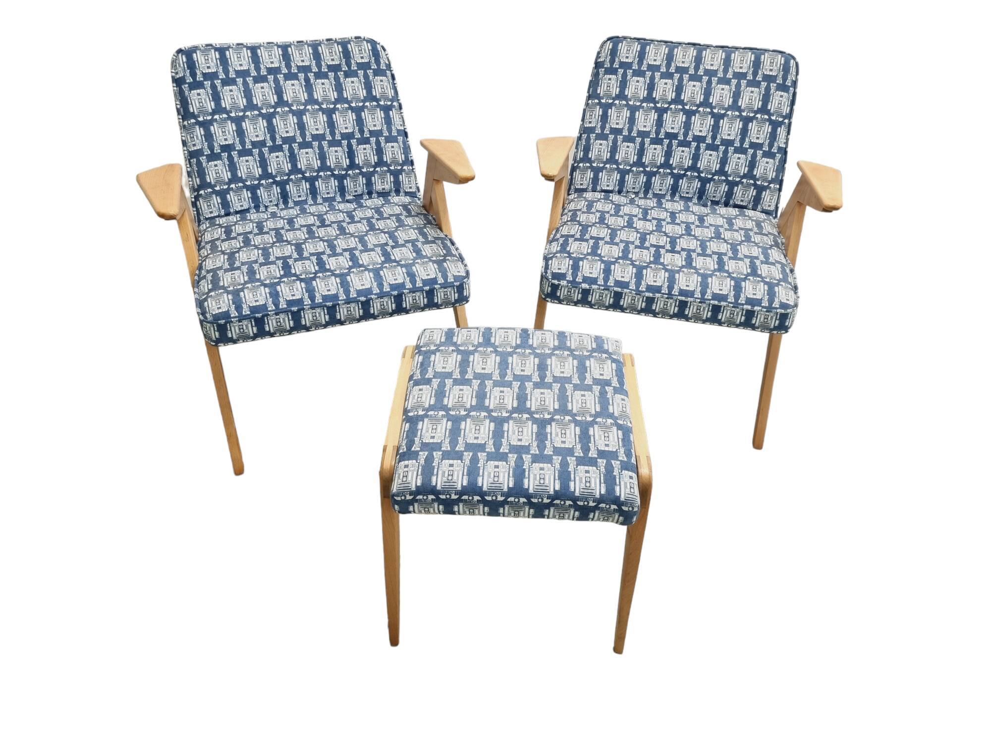 Pair of Mid-century modern "Bunny" armchairs with footstool, J. Chierowski, 1970's, Polish