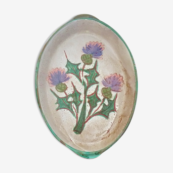 Dish with enamelled and incised ceramic thistles, Vallauris signed Daniel Etienne, 60s/70s