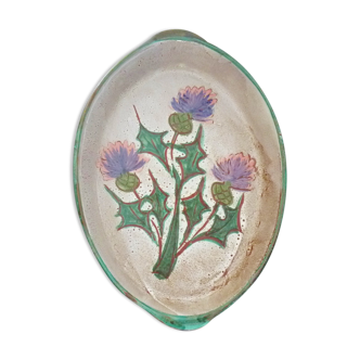 Dish with enamelled and incised ceramic thistles, Vallauris signed Daniel Etienne, 60s/70s
