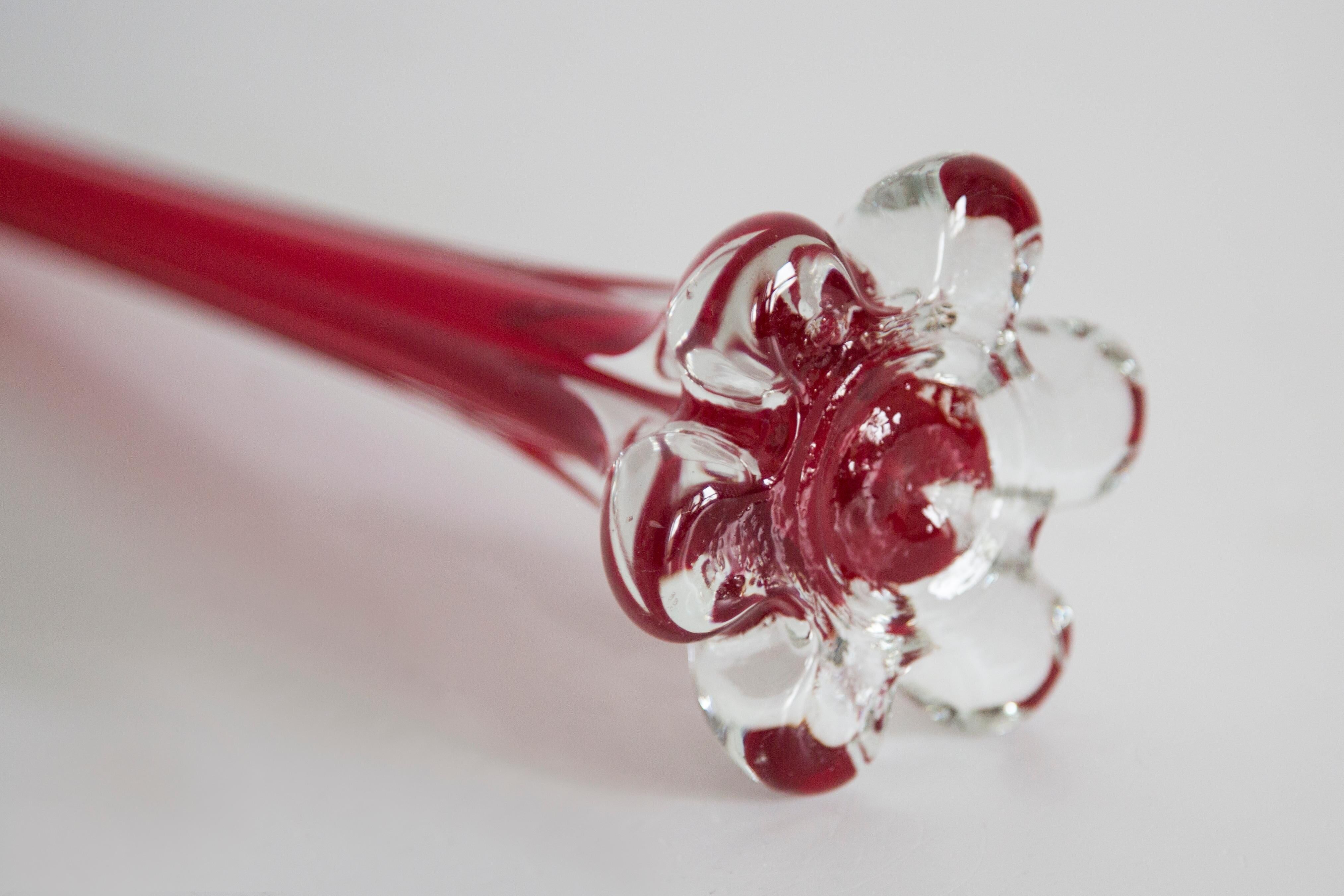 Slim vintage red glass decorative vase, mid-century, Europe, 1960s.
