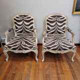 Pair of armchairs, carved and polychrome wood, printed zebra tapestry, Louis XV, circa 1790 – France