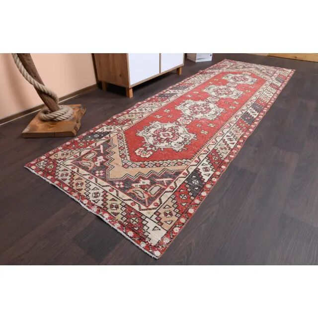 Vintage Turkish Oushak Handmade Wool Cotton Red Runner 95x301