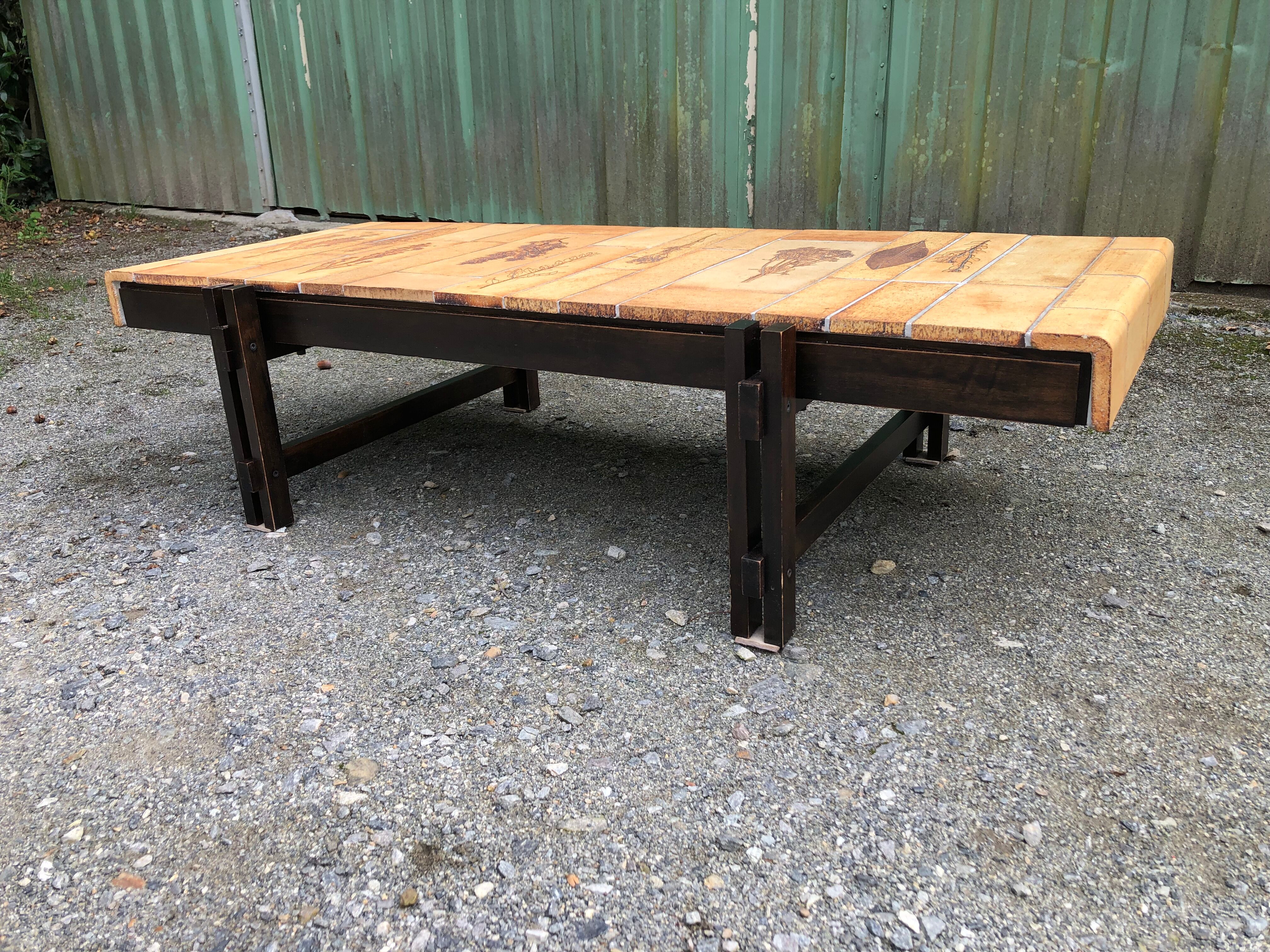 Vintage ceramic coffee table decorated with herbarium decoration Roger Capron