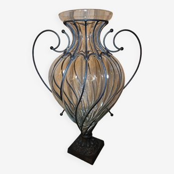 Very large vintage vase blown glass frame ironwork 60s/70s