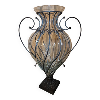 Très grand vase vintage verre soufflé armature ferronnerie années 60/70