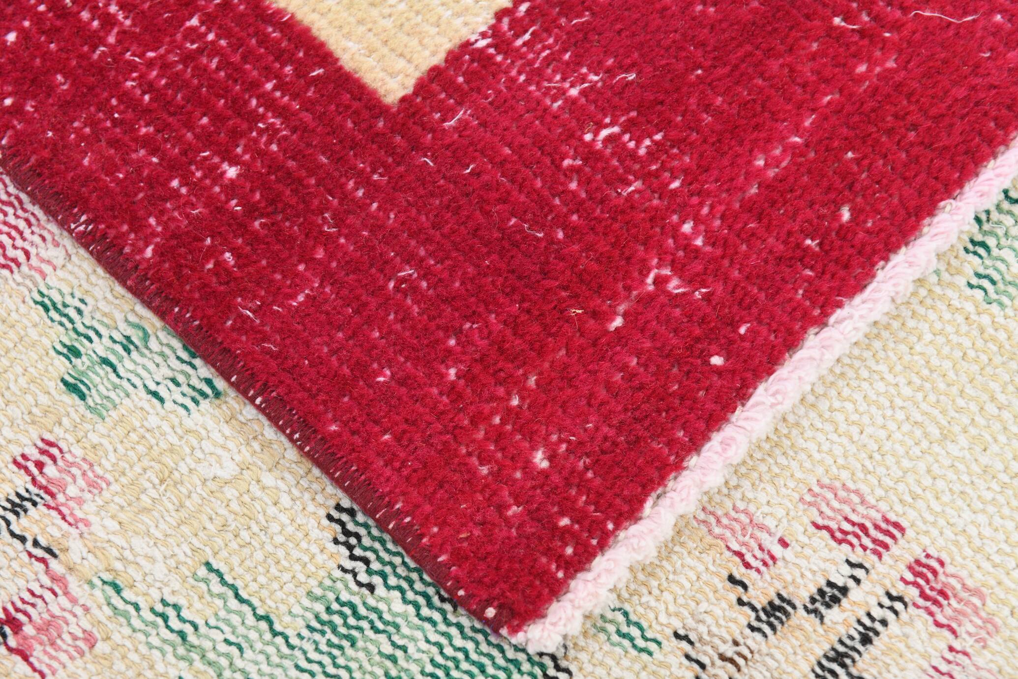 Ruby Red Vintage Floral Turkish Rug, Handmade Wool Carpet, 202x309 Cm