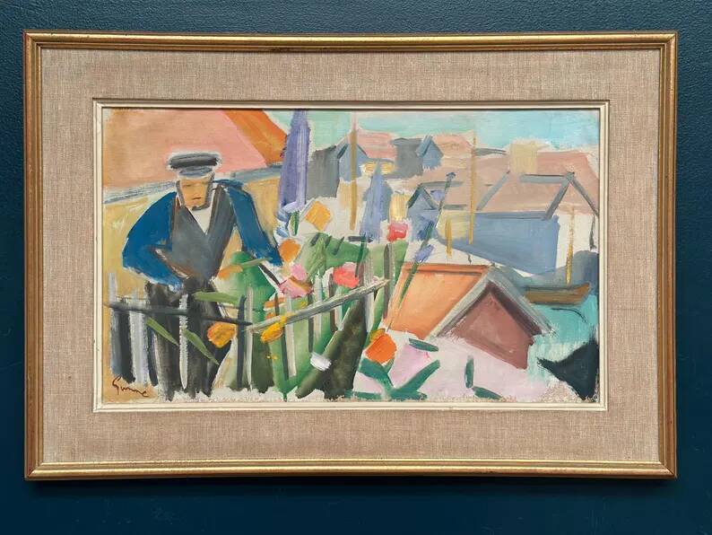 Swedish Original Oil on Canvas – "Figure Near a Flower Fence" by Carl Gunne – Signed – Vintage and Framed – 69.5 × 48 cm (27.4" × 18.9")