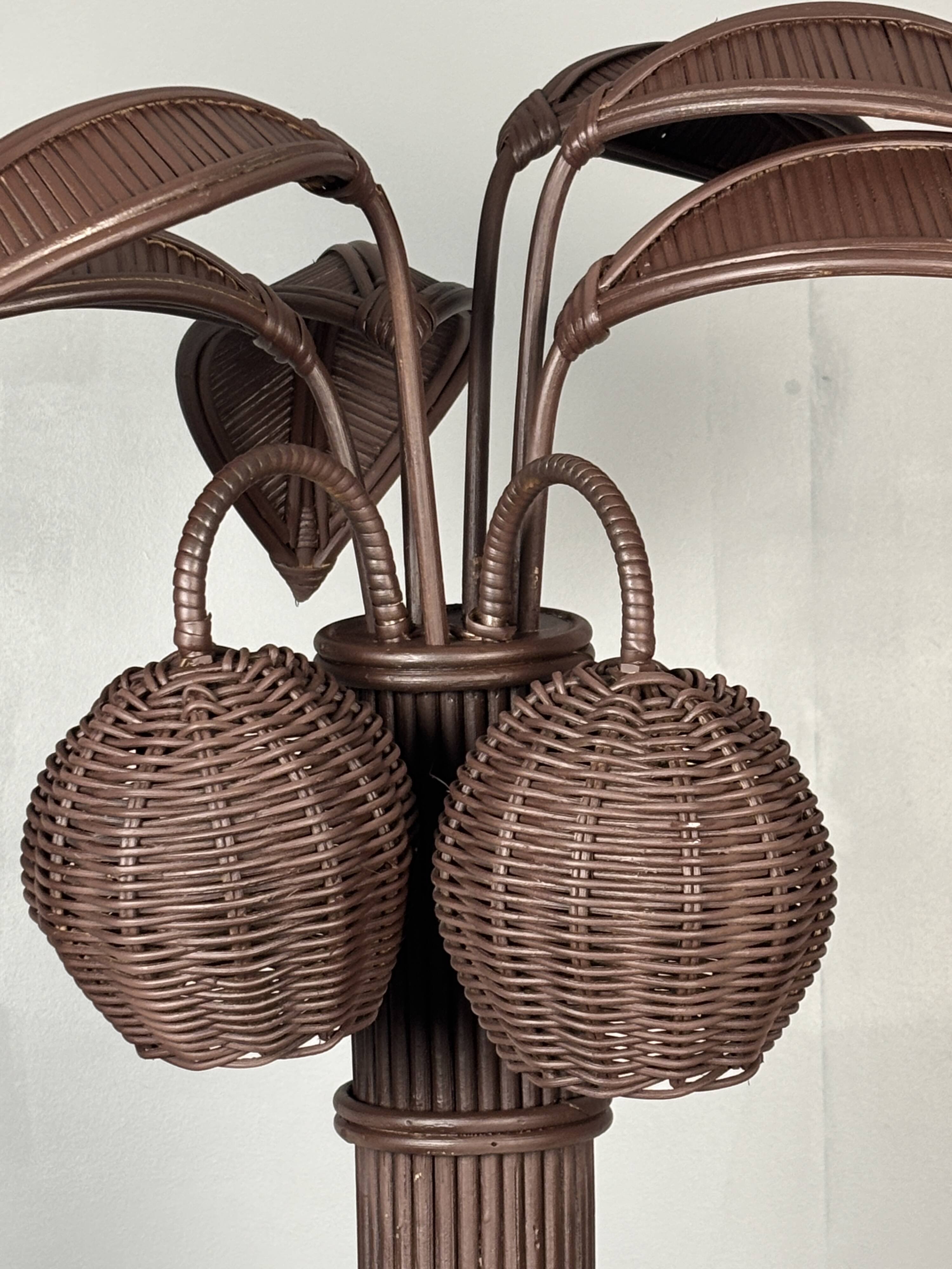 Pencil reed rattan bamboo palm tree coconut table lamp Maro Lopez style 70s