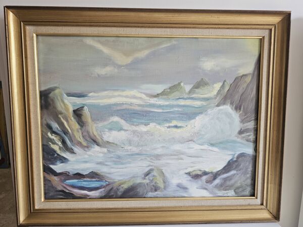 Tableau Huile sur toile - Paysage Mer (Marine) Vagues sur les rochers signé