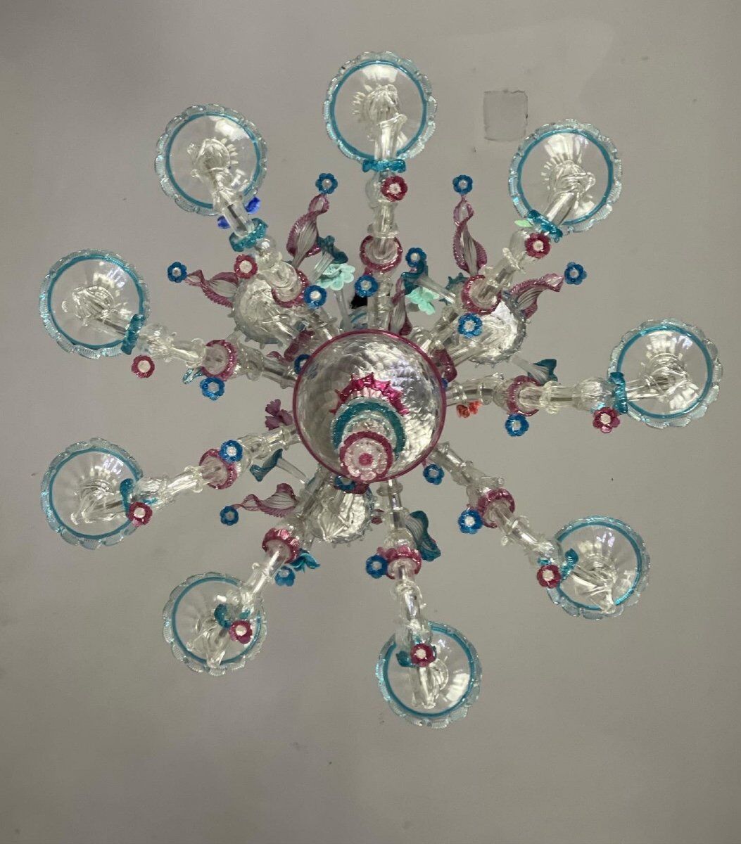 Venetian chandelier Rezzonico in Murano glass, 9 arms of light circa 1920
