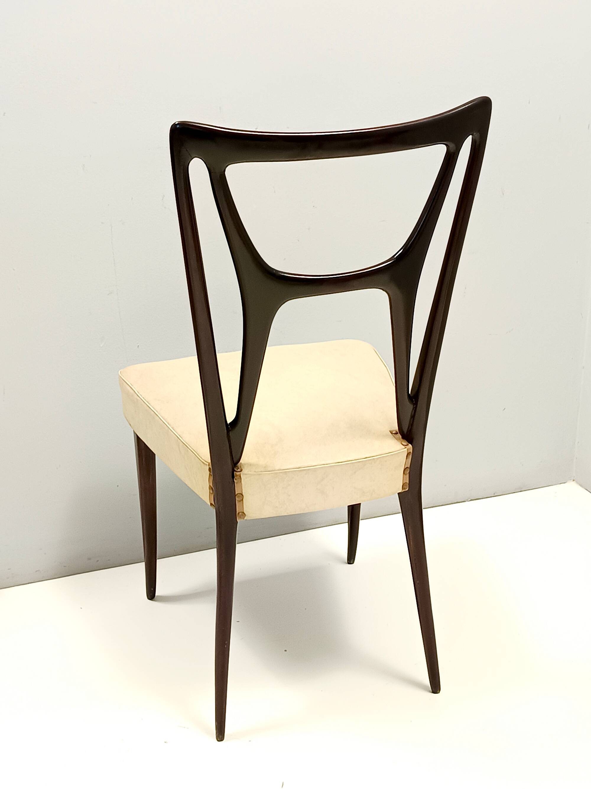 Set of Six Ebonized Beech Dining Chairs with Ivory Skai Upholstery, Italy