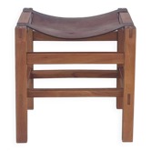 Tabouret brutaliste cuir et bois.