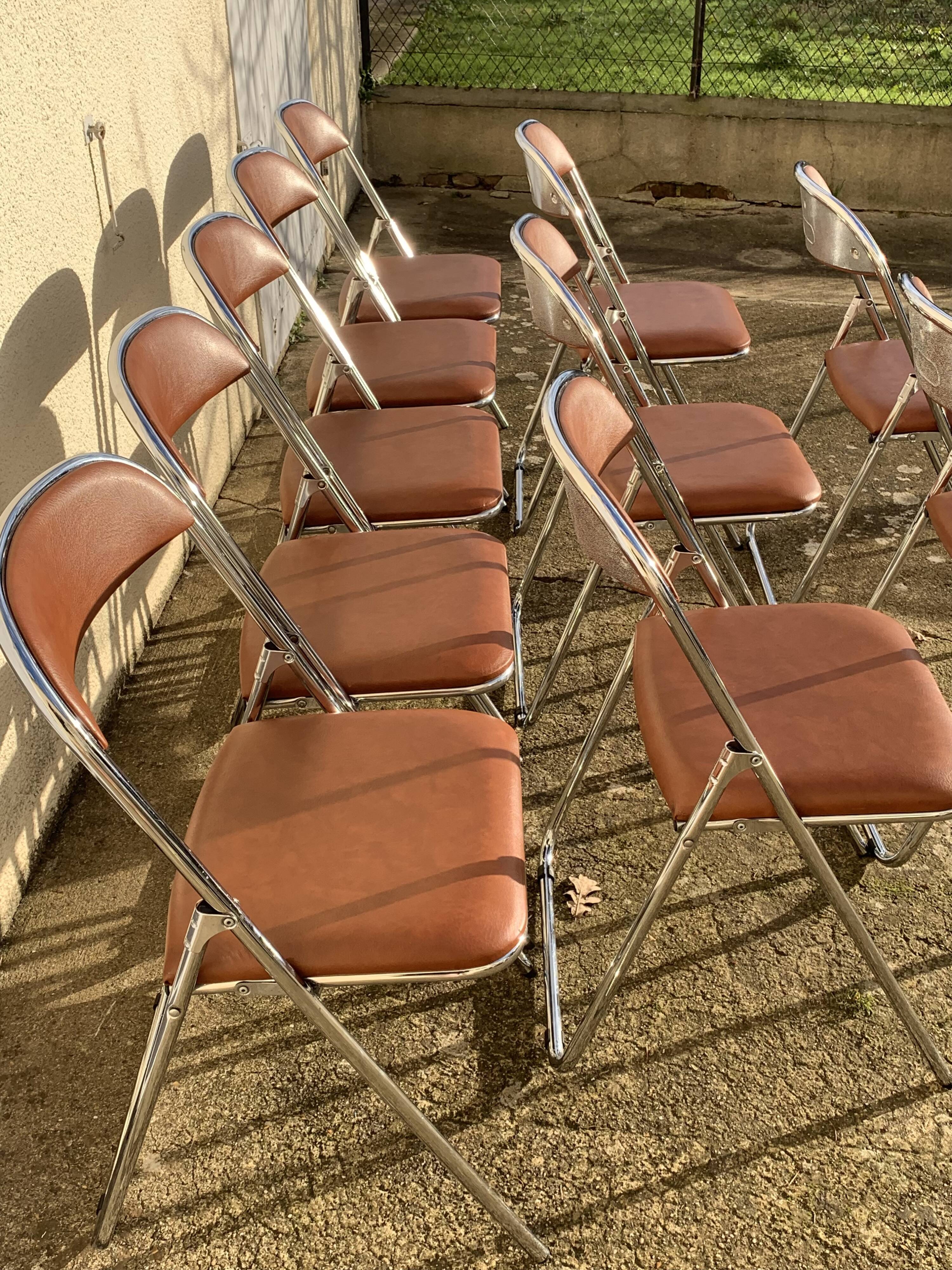 10 vintage skai and chrome metal folding chairs 1970