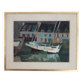 Marine bretonne à la gouache, bateaux amarrés au port, 1971